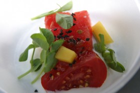 Campari tomato, diced mangos and watermelon with Thai bird chili