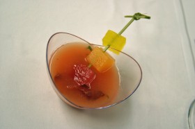 Chilled melon soup with prosciutto chip