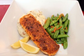 Blackened Salmon with potatoes and seasonal vegetables ($14.99).