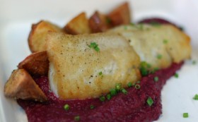 Pan Roasted Alaskan Cod over a beet-orange puree