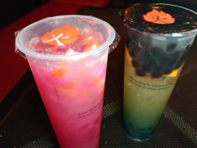 Dragon Cooler (left) and the Blue Lagoon Boba Tea.